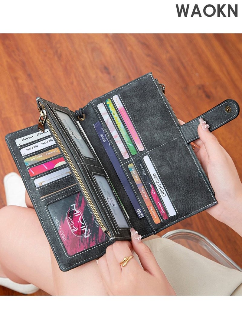 WAOKN Retro multifunctional wallet , Women and men Wallet , with RFID Blocking Large Capacity Credit Card Holder , Long Purses for Women and wmen with Wristlet Pocket ID Window , Solid color portable large capacity handbag , grey. - Image 5